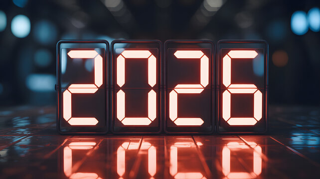 2026 New Year Display in Modern Digital Clock with Neon Lighting on Dark Background for Calendar Template - Powered by Adobe