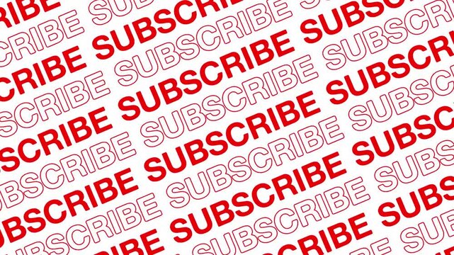 red subscribe text word lettering repeating typography animation on white background, channel subscribe scrolling rolling pattern continuous sequence video intro outro channel follow subscribing loop