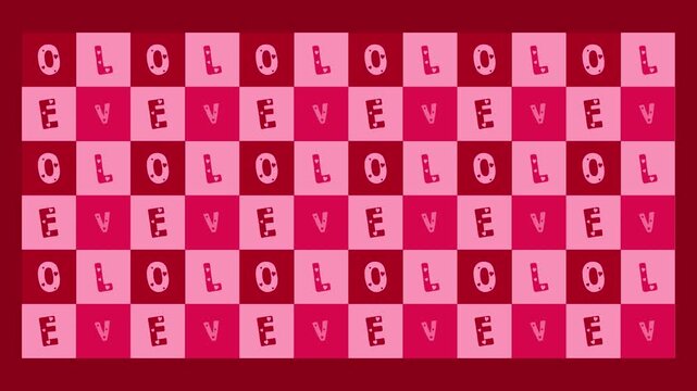 alphabet blocks spell out love letters geometric seamless pattern for valentine day background, love lettering on squares cubes tile motif looping backdrop animation, animated repeated video pink red 