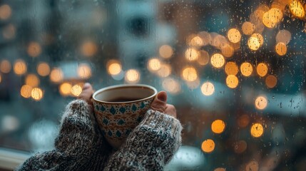 Woman holding a cup of hot coffee near a window with christmas lights.