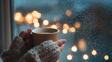Woman holding a cup of hot coffee near a window with christmas lights.