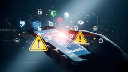 Hand holding smartphone with digital security icons in dark room