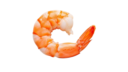 Close-up shot of a cooked shrimp, with its orange hue and perfect form. The shrimp is a classic culinary ingredient.