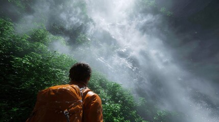 Obraz premium Person standing in front of a waterfall. the person is wearing an orange jacket and has a backpack on their back. the waterfall is cascading down a rocky cliff and is surrounded by lush greenery.