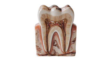 Human molar tooth anatomy model showing cross section, detailing pulp, dentin, enamel structure, and root canal system