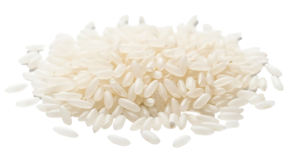 A close-up shot of a pile of raw, uncooked rice grains. The grains are white in color and appear fresh, ready for cooking