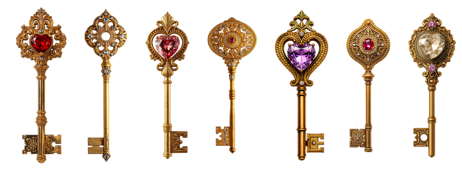 Antique vintage key with heart-shaped gemstone isolated on transparent background