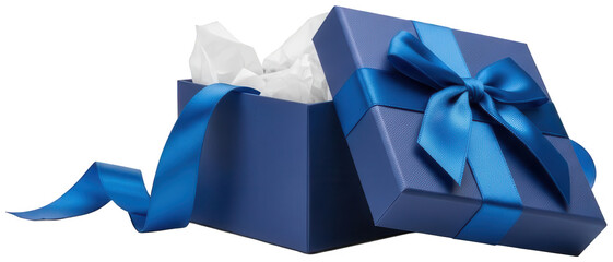 A meticulously crafted, square-shaped gift box made of deep blue textured paper, elegantly adorned with a flowing, vibrant blue satin ribbon tied into a, isolated on transparent background.
