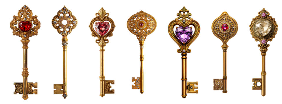 Antique vintage key with heart-shaped gemstone isolated on transparent background - Powered by Adobe
