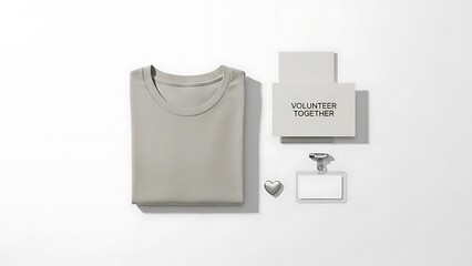 A flat lay composition featuring a gray t shirt a small box a key and a