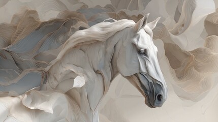 A majestic white equine head emerges from flowing, textured, pale-toned wisps, evoking movement and grace in a serene atmosphere
