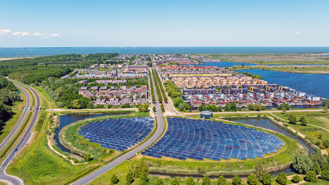 Aerial from solar panels in a circle, called Sun island in Almere Netherlands