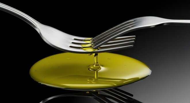 Close up of a silver dining fork dipping into a puddle of fresh golden olive oil, used for cooking and healthy eating ,silver ,tasting ,macro