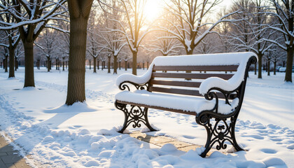 Snow-covered park bench in winter landscape under sunlight  