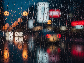 Raindrops on Window with City Lights at Night