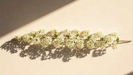 Beautiful white flowers on branch with soft shadows on beige background