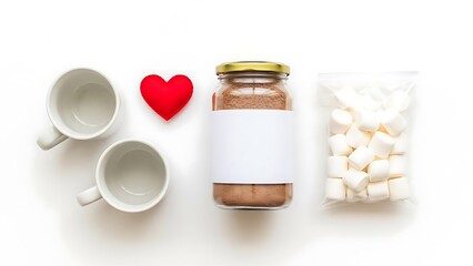 A still life arrangement featuring mugs a red heart a jar of cocoa and marshmallows high quality