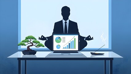 Corporate Zen Vector of Executive Practicing Mindfulness at Glass Desk with Bonsai and Laptop