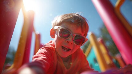 Close-up of a young boy wearing sunglasses and a red shirt. he is smiling widely and appears to be enjoying himself.