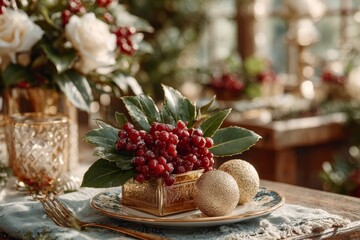 Festive Christmas Elements with Evergreen and Golden Accents