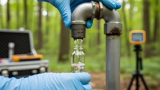 Hands holding clear glass sample bottle collecting water from monitoring well pipe, forest background bokeh, environmental testing equipment visible, professional field research documentation 