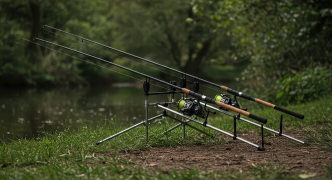 Three powerful fishing rods positioned securely on rod pods, ready for intensive carp angling action against a natural outdoor background landscape ,water ,patience ,reel