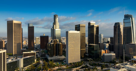 Aerial drone view of downtown Los Angeles with skyscrapers. Los Angeles skyline panorama. Aerial shot of LA city center.