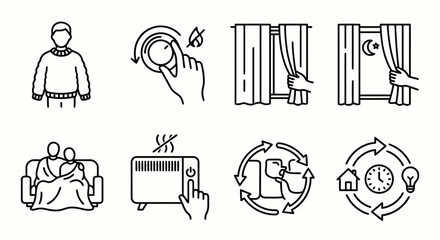 Energy saving tips icons showing person in sweater closing curtains using blanket and turning off heater for home heating efficiency methods