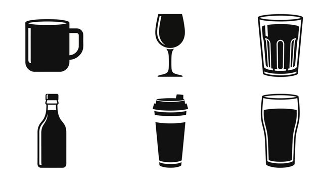 Collection of various black and white beverage containers and drinkware icons.
