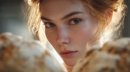 Close-up portrait of a young woman's face. she has blonde hair that is styled in loose curls and falls over her shoulders. her eyes are looking directly at the camera with a serious expression.