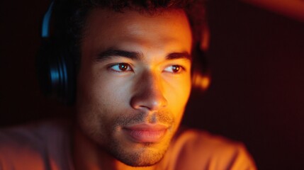 Obraz premium Close-up portrait of a young man's face. he is wearing a pair of black headphones on his head and is looking directly at the camera with a serious expression.