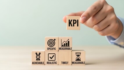 A hand placing a kpi block on top of stacked wooden blocks with various business icons