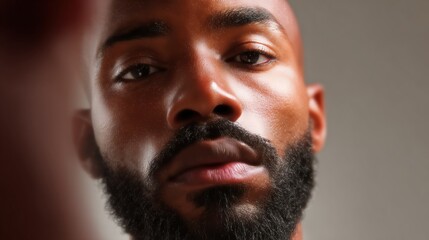Close-up portrait of a man's face. the man appears to be african-american and has a beard. he is looking off to the side with a serious expression on his face.
