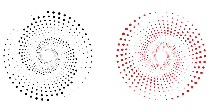 Abstract Halftone Spiral Element Set Black and Red Radial Dotted Vortex