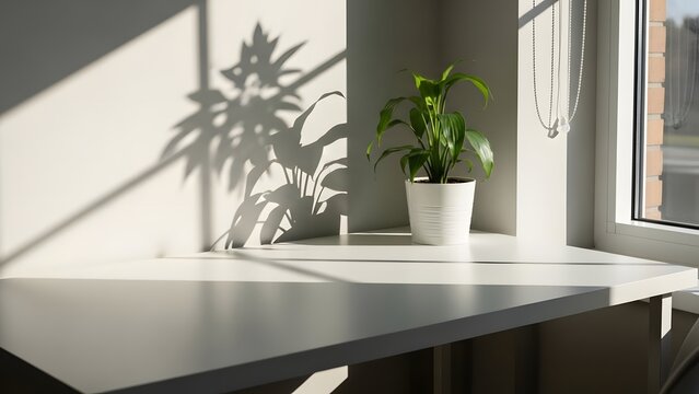 White corner desk with potted plant and strong window light creating leafy shadow patterns