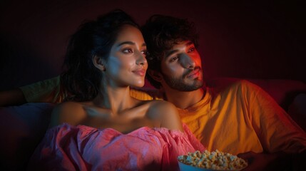 Young couple sitting on a couch, watching a movie together. the woman is on the left side of the image, wearing a pink off-the-shoulder top and has her hair styled in loose curls.