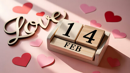 Flat lay composition for Valentine's Day with wooden blocks spelling 'LOVE' and '14 FEB', surrounded by scattered red and pink heart confetti on soft pastel background.