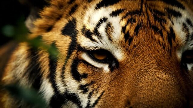 Close-up of a majestic tiger's eye and striped fur in natural habitat