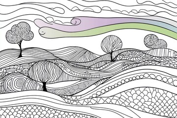 Fototapeta premium Whimsical landscape with rolling hills, detailed trees, and stylized clouds. Pastel rainbow stretches across the sky
