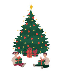 Naklejka premium Children holding gifts and sitting near Christmas tree in flat cartoon design. Sister and brother open their present at New Year and Xmas event, enjoying winter holiday surprises. Vector illustration