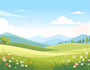 Idyllic spring landscape with rolling hills and wildflowers