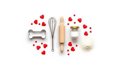 A charming flat lay composition featuring baking tools heart shapes and ingredients on a white surface