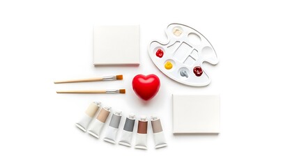 A vibrant array of art supplies featuring paint tubes brushes canvases and a red heart shape