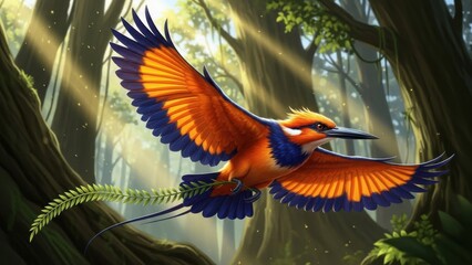 Vibrant bird in flight through sunlit forest with stunning colorful wings spread