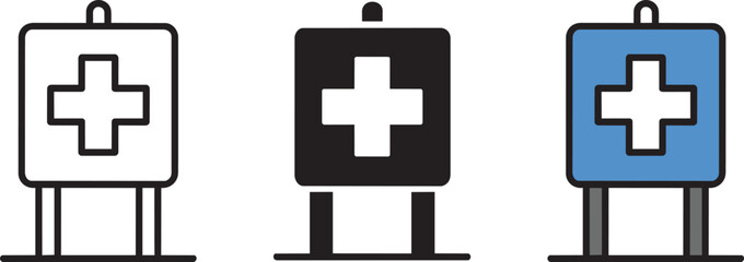 Obraz premium First aid station sign icons in outline solid black and blue colors for emergency medical help
