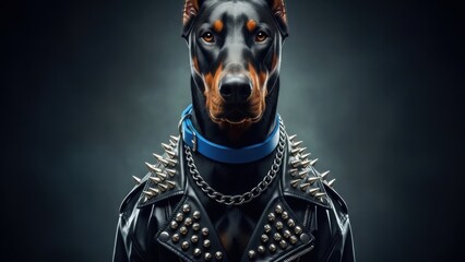 Punk rock Doberman wearing leather jacket