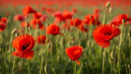 Obraz premium Red poppy flowers blooming across a wide summer meadow under a blue sky