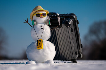 Snowman on festive greeting card for Christmas. Cute snowman on winter holiday card. Greeting card...