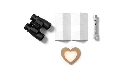 A flat lay composition featuring binoculars a notebook a pen a heart and a minimalist aesthetic