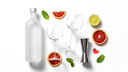 A refreshing cocktail setup featuring citrus fruits a shaker glasses and a bottle of clear liquid
